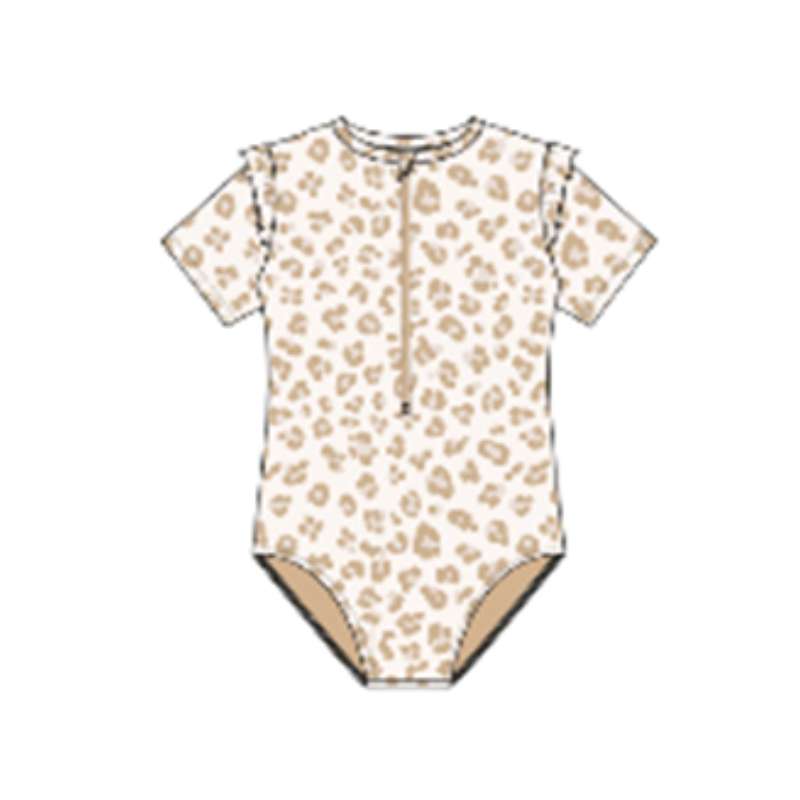 Swim Essentials Girls UV Short Sleeved Swimsuit Rashguard, Beige Leopard