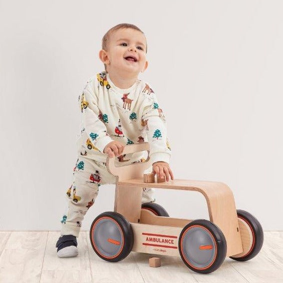 Mamatoyz Drive Me 3 in 1 Wooden Ride On / Walker / Toy Wagon - Ambulance